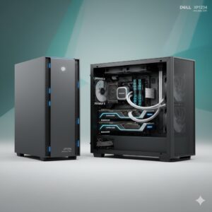 Photo of external of the PC tower shut and also stood on its side with the components exposed.